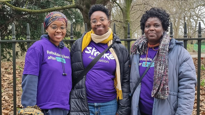 Elizabeth with her sister and mum during her walk. All are wearing Stroke Association t-shirts. 