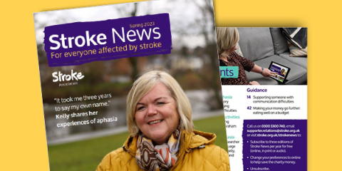 Image of the cover and a page from Stroke News magazine on a yellow background